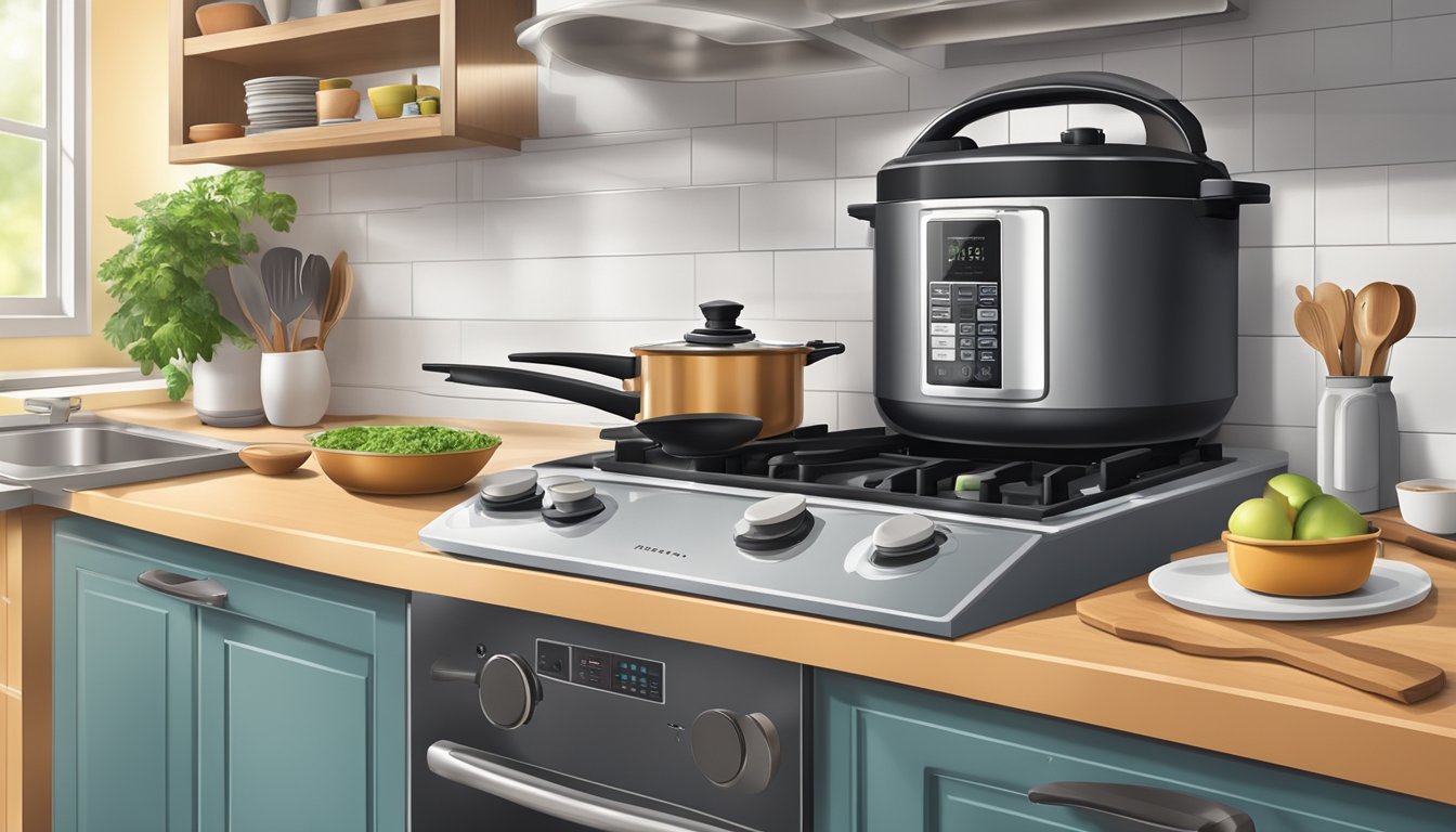 A well-organized kitchen with a clean, clutter-free countertop, neatly arranged cooking utensils, and a modern pressure cooker ready for use