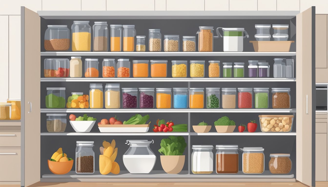 A well-organized kitchen with fresh fruits, vegetables, lean proteins, and whole grains neatly arranged in the pantry and refrigerator. Sugar substitutes and natural sweeteners are displayed in a designated area