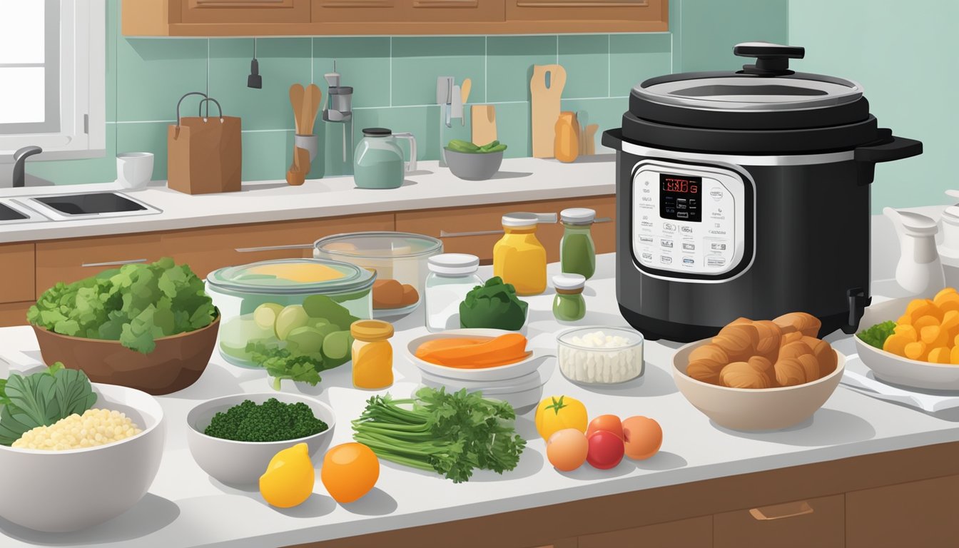 A well-organized kitchen with neatly arranged ingredients and a pressure cooker ready for a dinner party meal prep