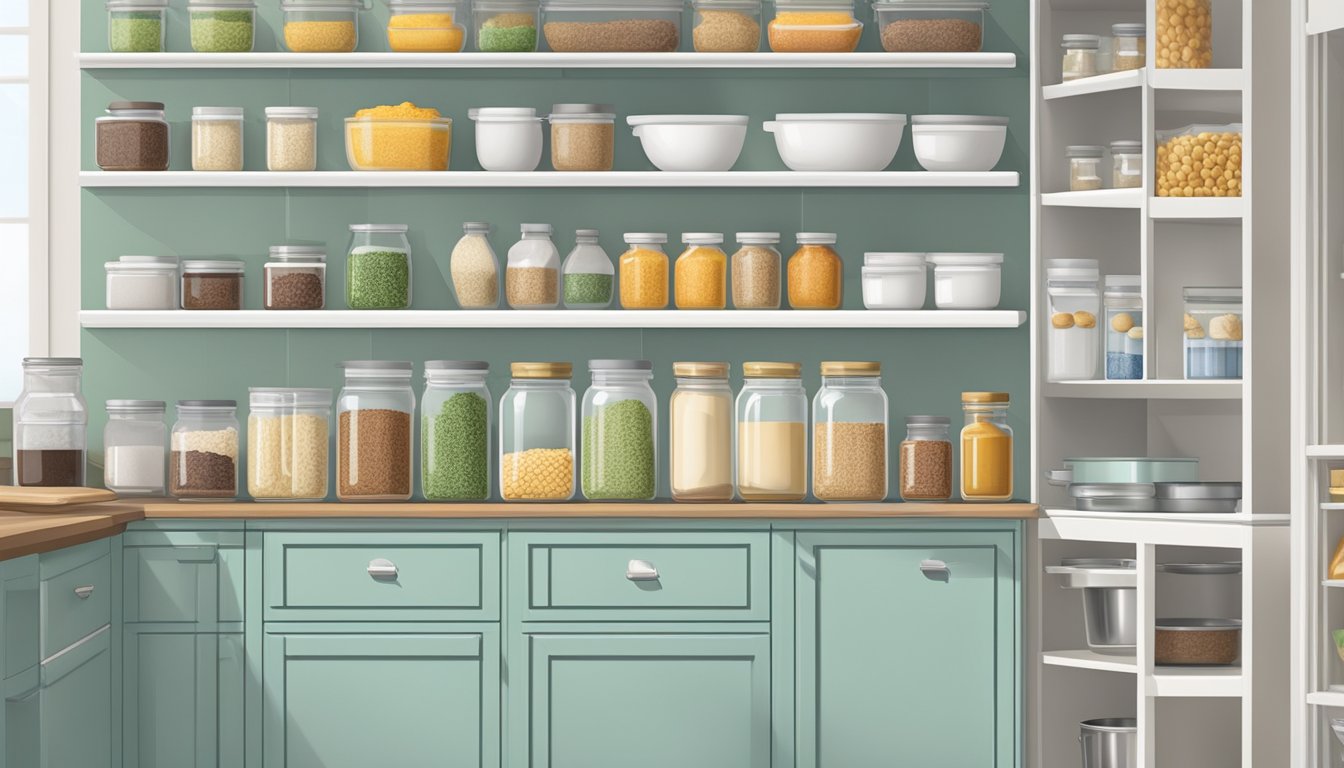 A well-organized kitchen with labeled sugar-free ingredients and substitutes neatly arranged in cabinets and pantry shelves