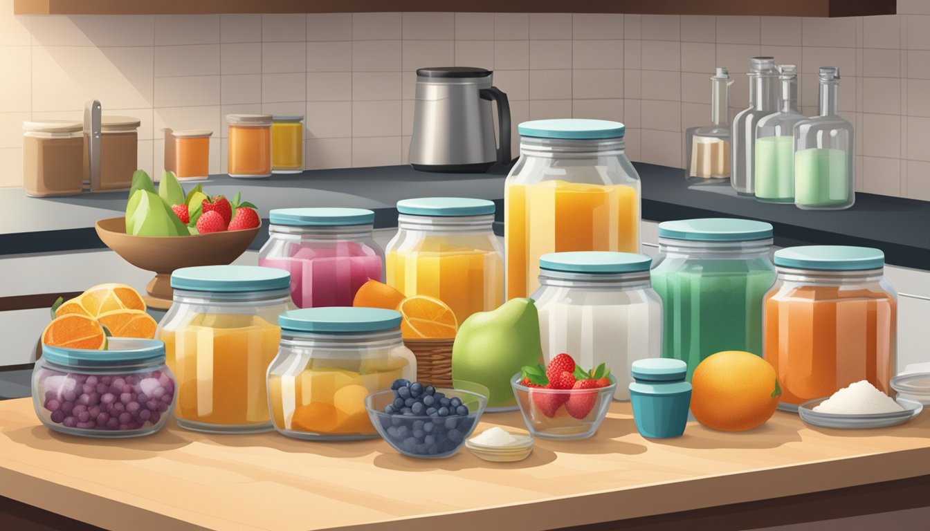 A kitchen counter with organized jars of sugar-free sweeteners, a fruit basket, and a variety of kitchen gadgets for preparing healthy, sugar-free meals