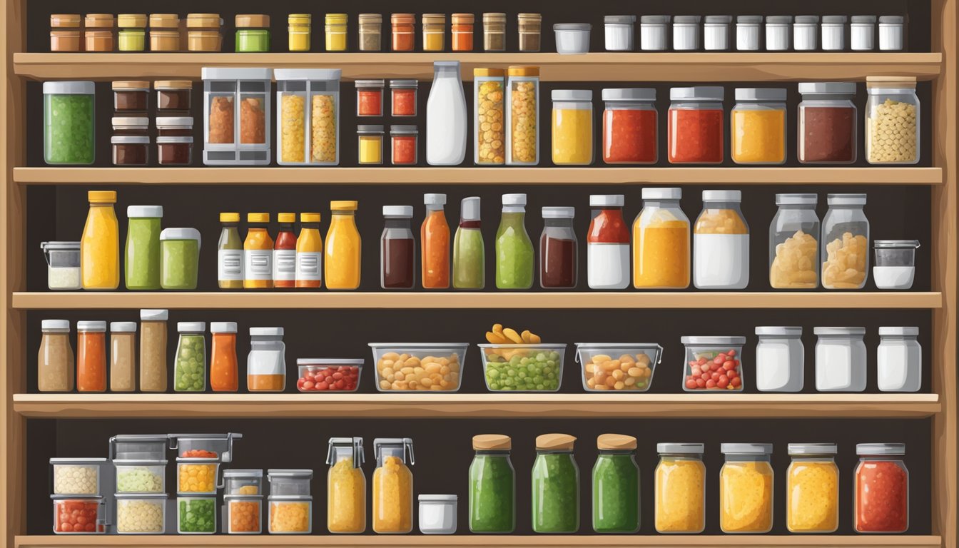 A well-organized pantry with labeled shelves and racks for condiments and sauces