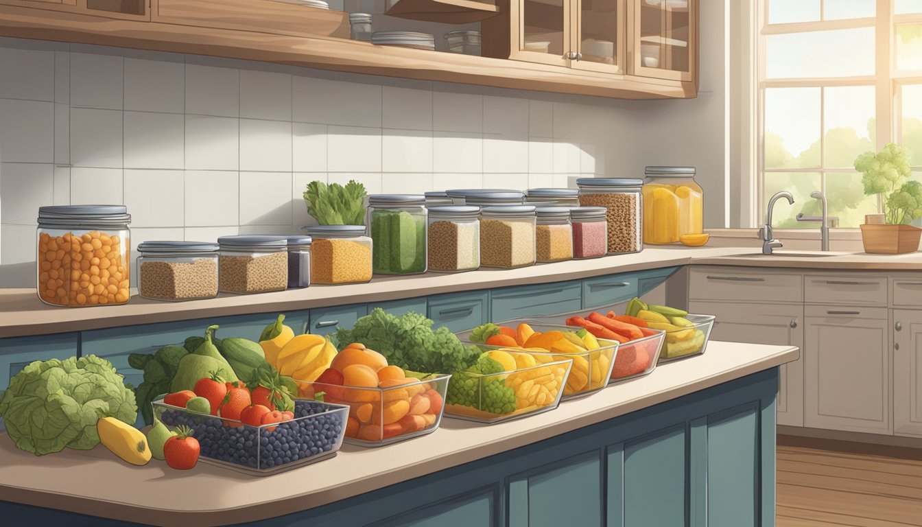 A well-organized kitchen with fresh fruits, vegetables, and whole grains neatly arranged in clear containers. Sugar-laden processed foods are stored out of sight