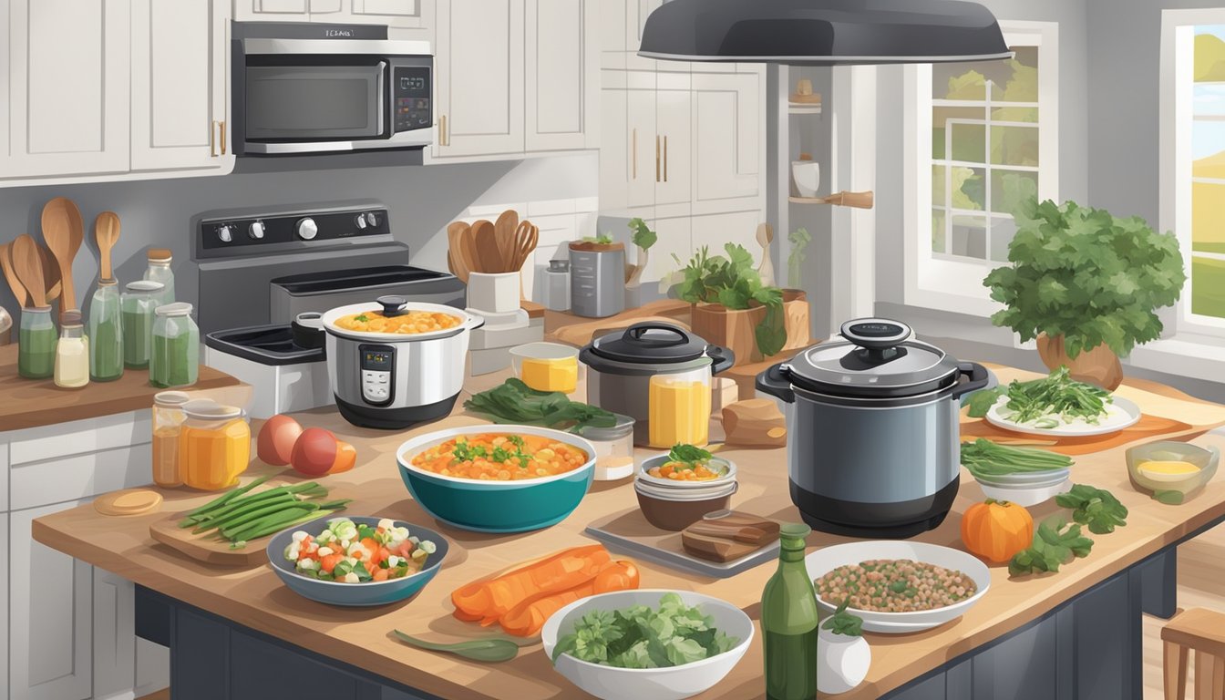 A well-organized kitchen with a dinner party setup, featuring an Instant Pot and various ingredients and utensils neatly arranged for exclusive recipes