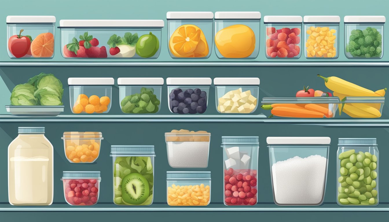 A neatly organized kitchen with labeled sugar-free ingredients in clear containers. Fresh fruits and vegetables prominently displayed. Sugar substitutes and healthy snacks easily accessible