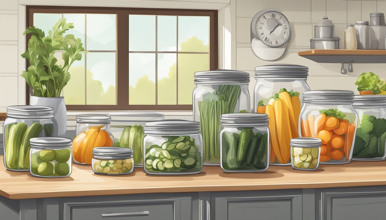 A clean, well-lit kitchen with neatly arranged jars, fresh produce, and pickling supplies on a spacious countertop