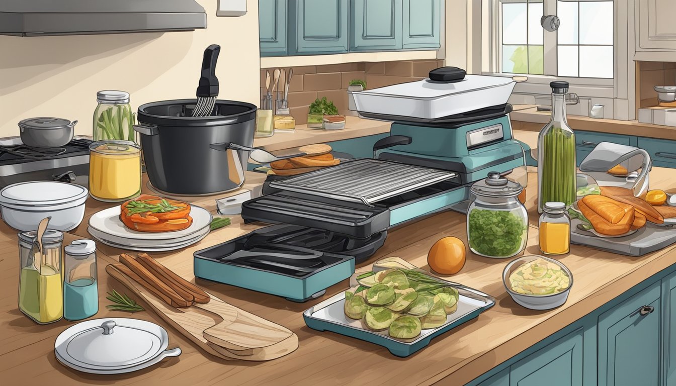 A cluttered kitchen counter transformed into an organized cooking station with a panini press, various ingredients, and utensils ready for a dinner party