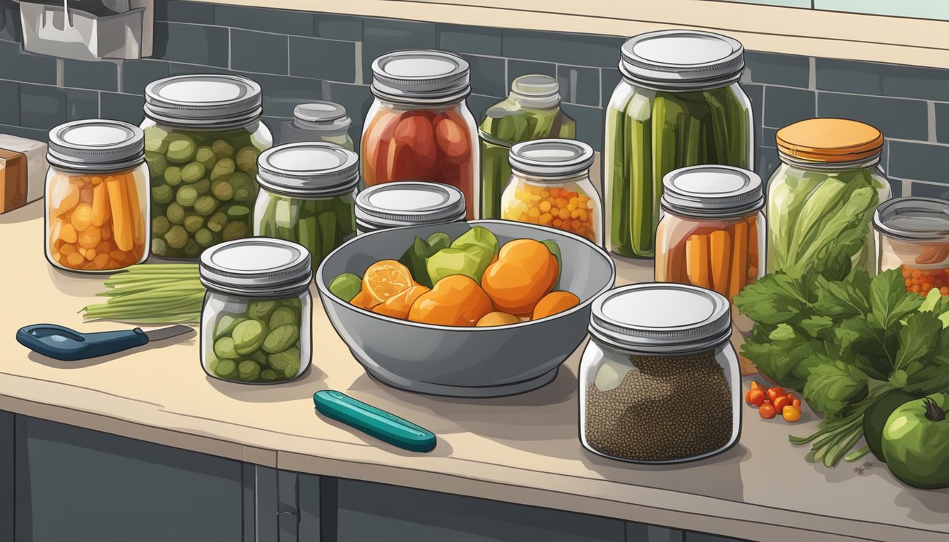 A clean, well-lit kitchen counter with neatly arranged pickling jars, fresh produce, cutting boards, knives, and various pickling spices and supplies