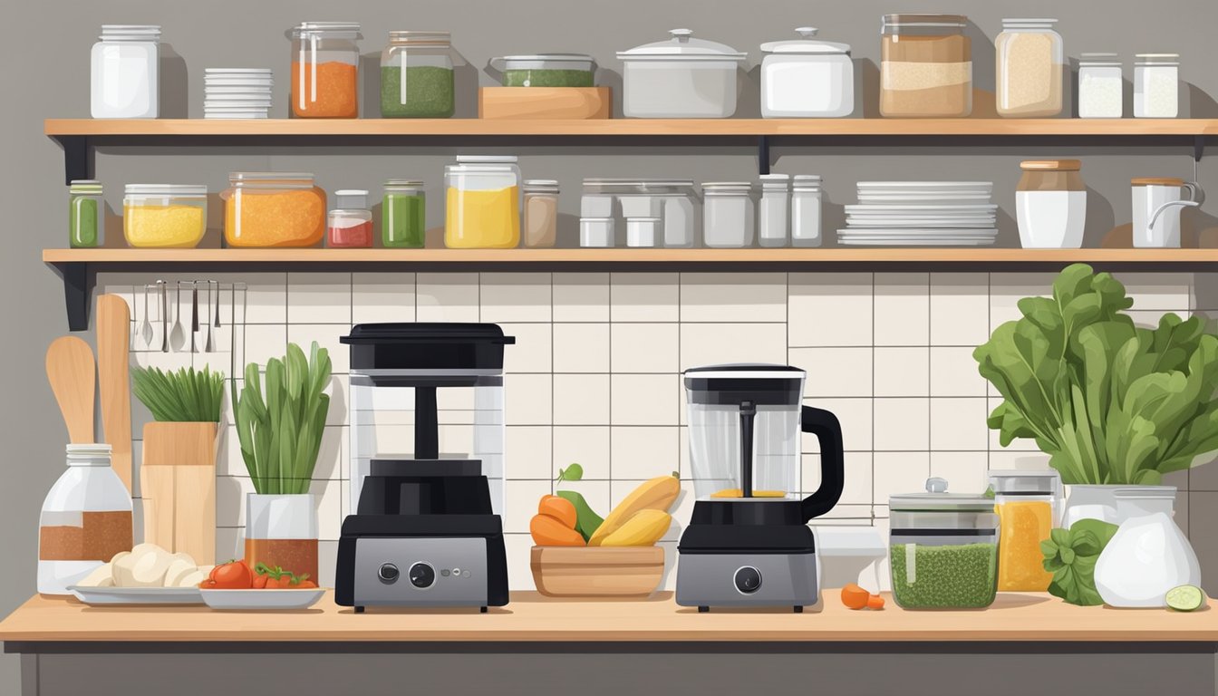 A clean, organized kitchen with a panini press on the counter, surrounded by a variety of fresh ingredients and condiments neatly arranged on the shelves and countertops