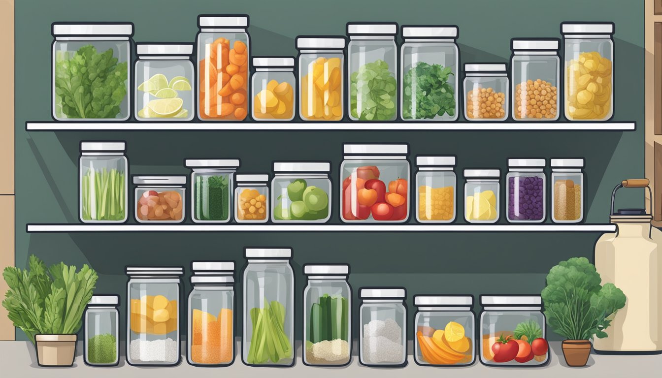 A well-organized kitchen with neatly labeled jars of alkaline ingredients, fresh produce, and a clean, modern design