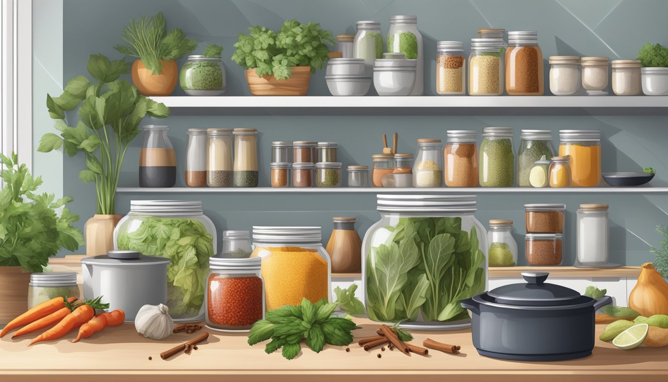 A clean, well-lit kitchen with neatly arranged jars, fresh produce, and a variety of spices and herbs on a counter next to a large pot and cutting board