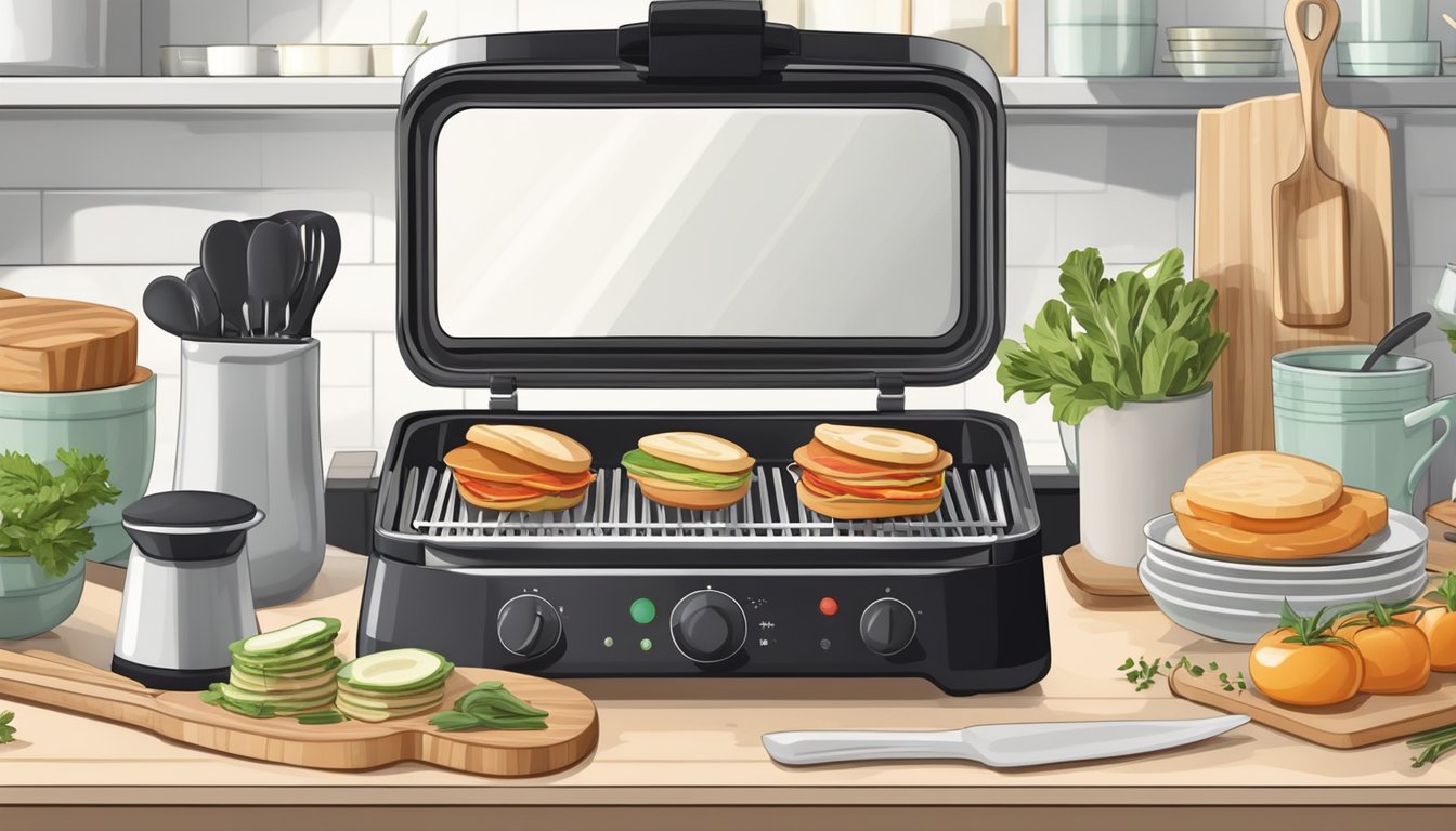 A clean, organized kitchen with a sleek panini press on the counter, surrounded by neatly arranged ingredients and utensils for a successful dinner party