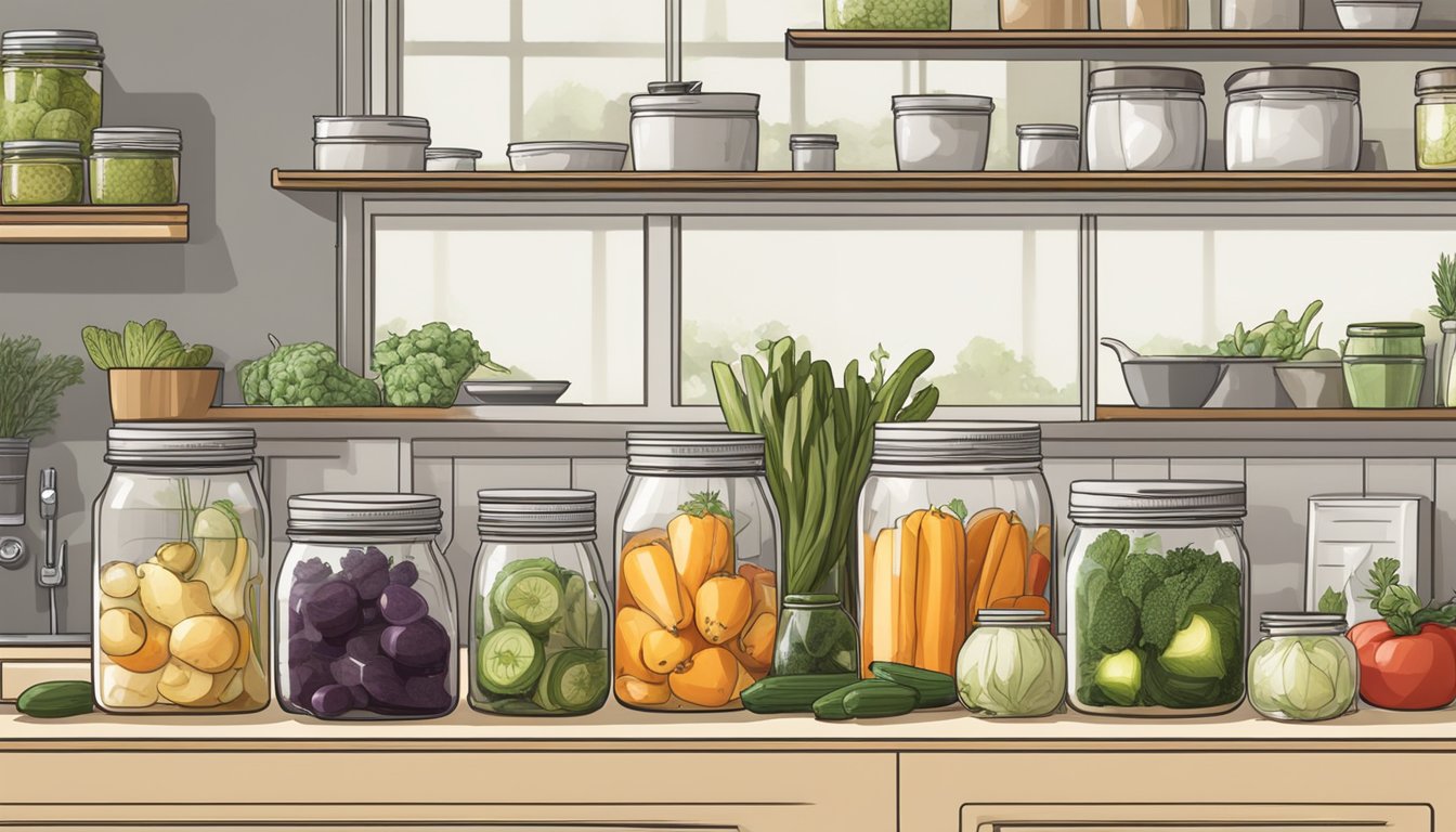 A well-lit kitchen with neatly arranged jars, fresh produce, and various pickling ingredients on a clean, organized countertop