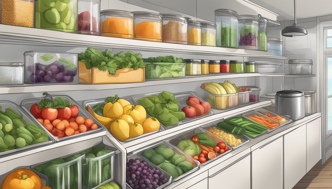 A bright, organized kitchen with labeled containers of fresh fruits, vegetables, and alkaline-friendly ingredients neatly arranged in designated sections