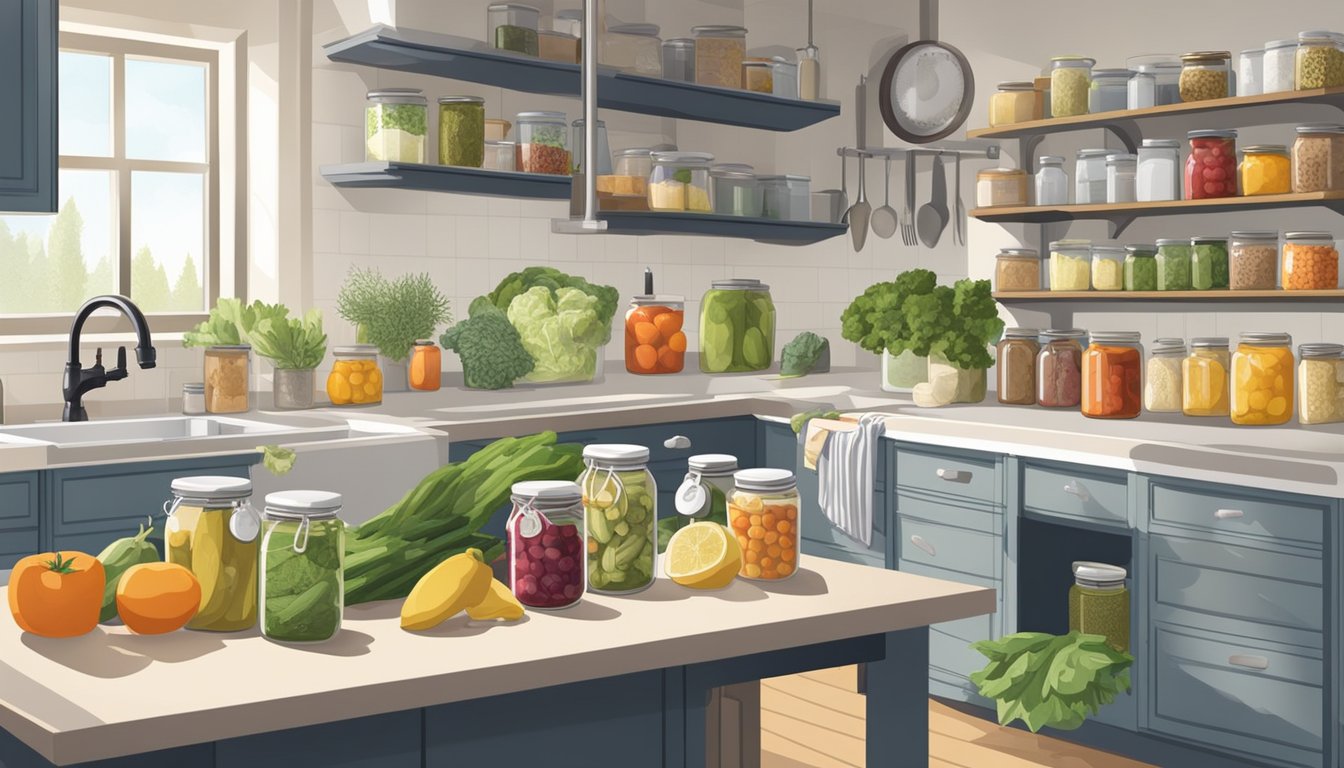 A well-lit, spacious kitchen with neatly organized shelves, a variety of pickling jars, and an assortment of fresh produce laid out on a clean, clutter-free countertop