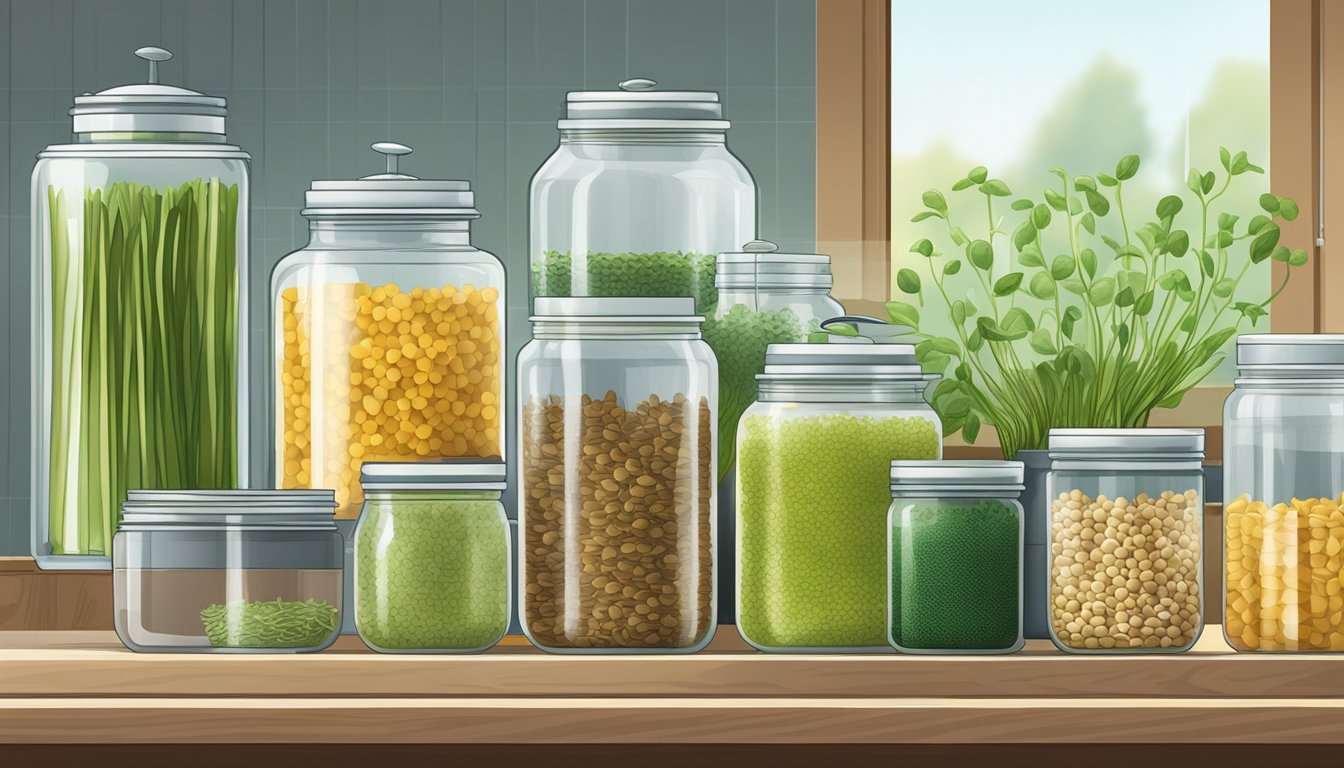 A kitchen counter with jars of sprouting seeds, a water dispenser, and trays of sprouting containers arranged neatly