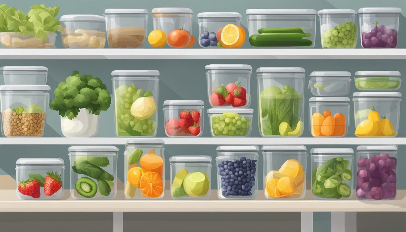 A brightly lit kitchen with an array of fresh fruits, vegetables, and alkaline-friendly ingredients neatly organized in clear glass containers and labeled with colorful tags