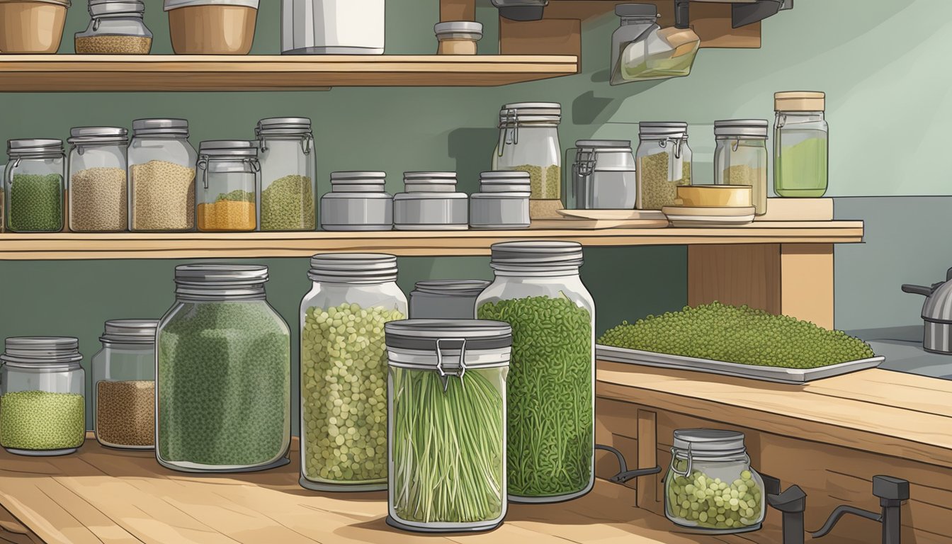 A kitchen counter with jars of sprouting seeds, trays for draining, and shelves of sprouting equipment neatly organized