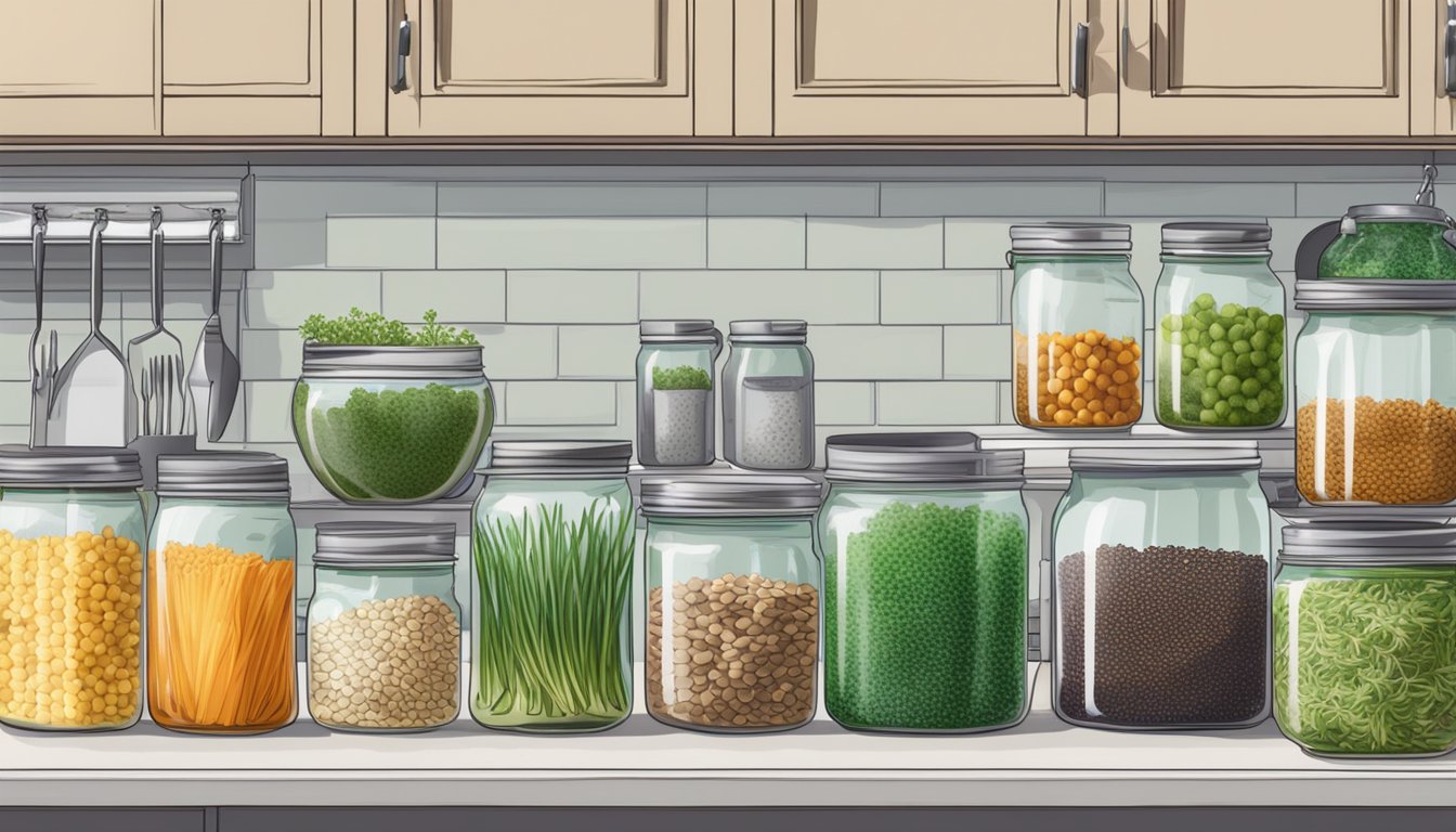 A bright, organized kitchen counter with jars of sprouting seeds, trays of sprouts, and labeled containers for water and supplies