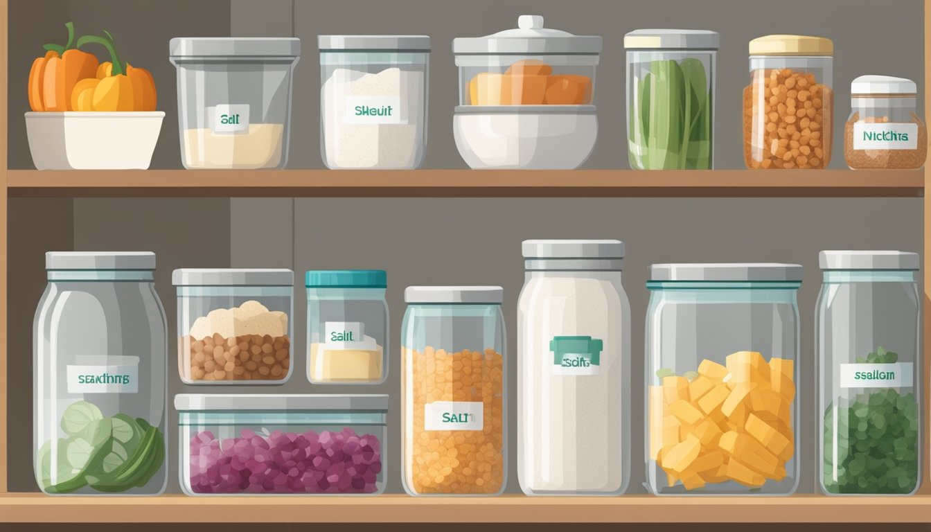 A well-organized kitchen with labeled low-sodium ingredients, fresh produce, and clear containers. A salt shaker sits in the back of the pantry, out of reach