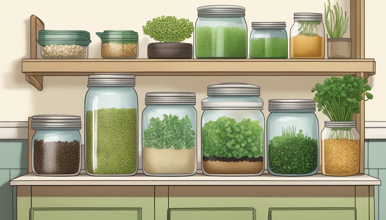 A clean, organized kitchen counter with jars of sprouting seeds, labeled containers, and a small watering can. A shelf holds trays of sprouts at different stages of growth