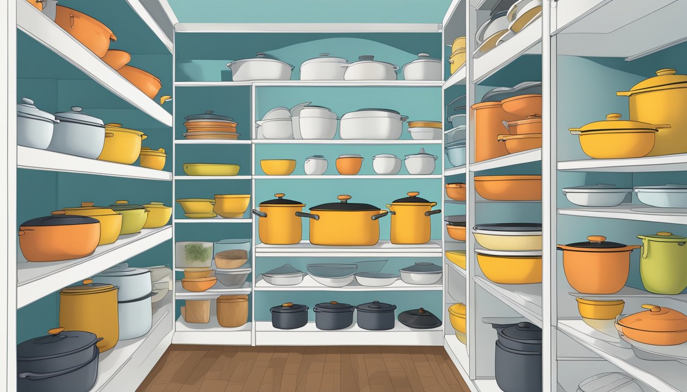 Dutch ovens and casserole dishes neatly stacked in a spacious, organized pantry with adjustable shelves and labeled compartments