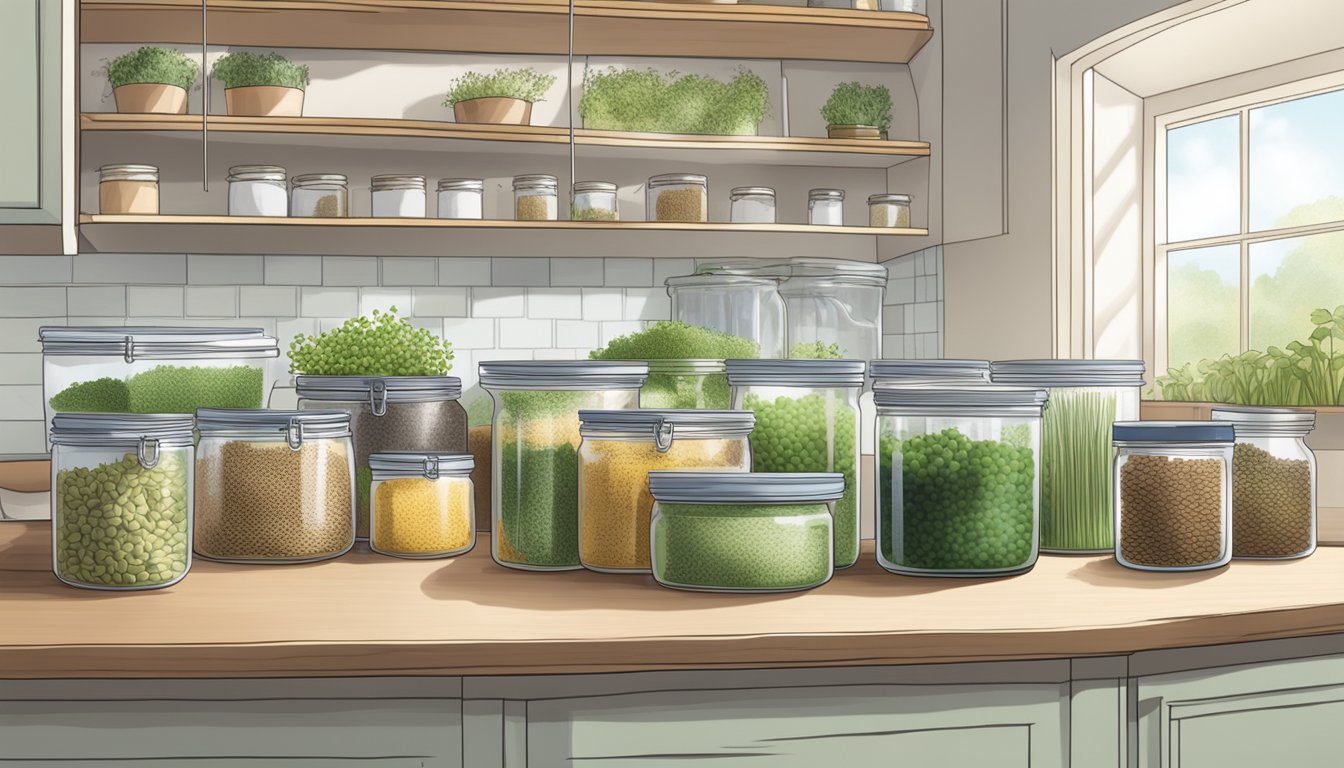 A clean, well-lit kitchen counter with organized trays of sprouting seeds, jars of water, and labeled containers for storing sprouts