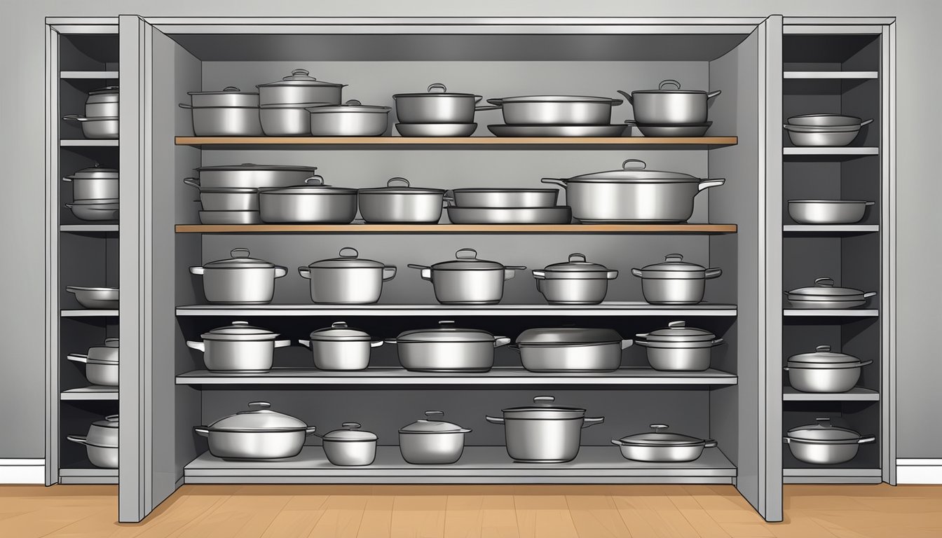 A row of dutch ovens and casserole dishes neatly stacked on sturdy shelves in a well-organized pantry