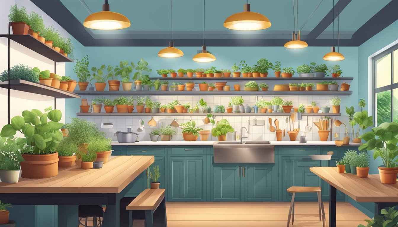 A bright and spacious kitchen with shelves of neatly organized pots, trays, and gardening tools. A large table holds a variety of potted herbs and seedlings under a row of grow lights