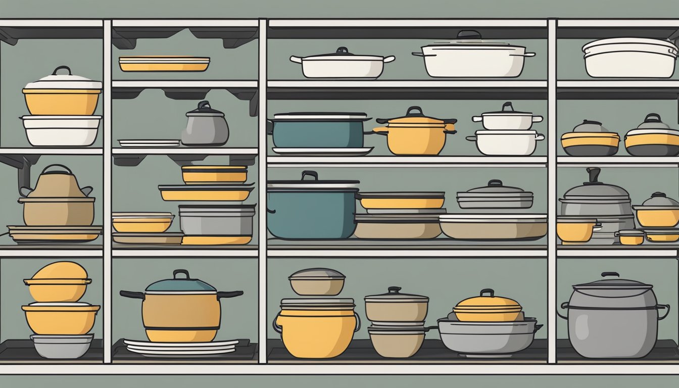 A neatly organized pantry shelf with labeled compartments for dutch ovens and casserole dishes