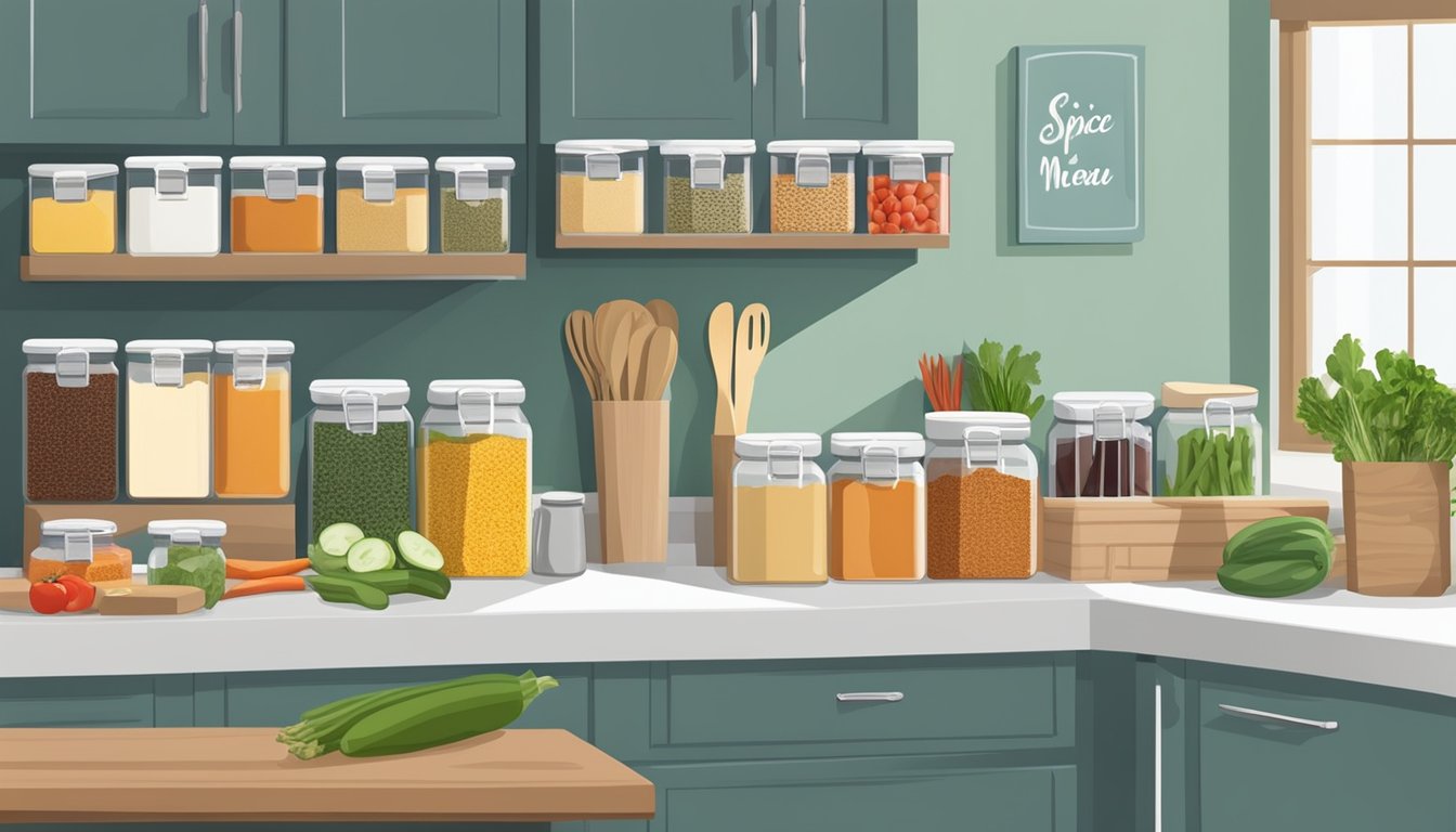 A well-organized kitchen with labeled spice jars, fresh produce, and low-sodium ingredients. A meal prep station with cutting boards, knives, and storage containers