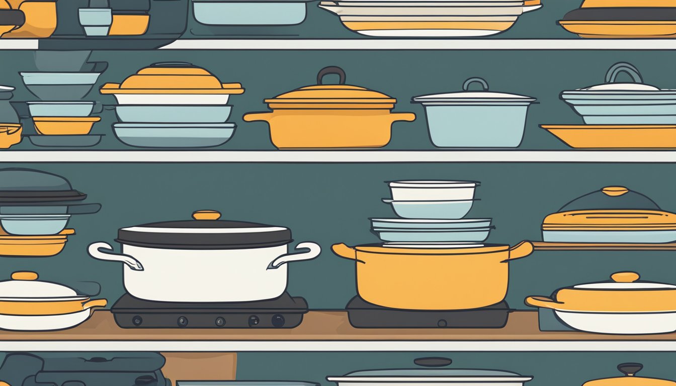 A neatly organized kitchen shelf with dutch ovens and casserole dishes stacked and stored properly, with lids placed neatly beside each item