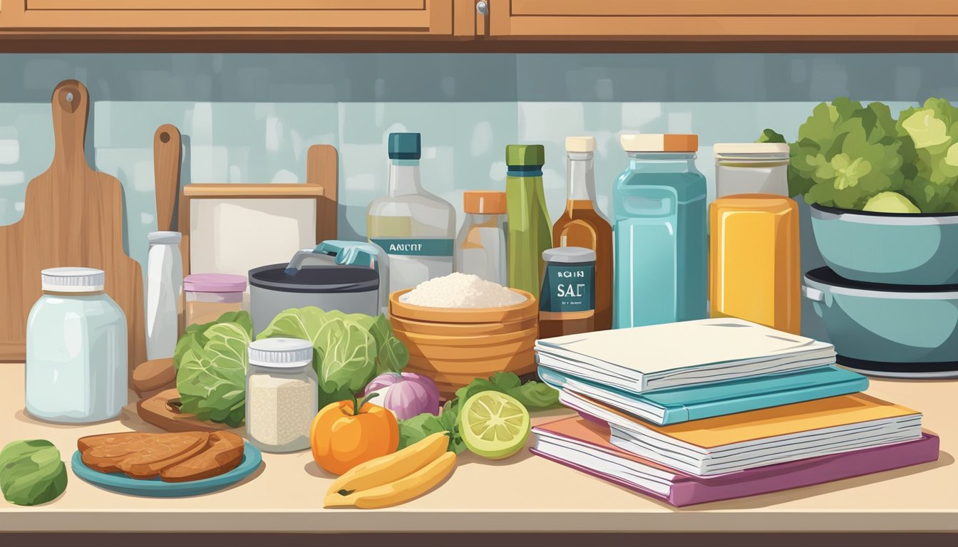 A kitchen counter with various food items and their nutrition labels spread out, a stack of cookbooks on the side, and a salt shaker being put away in a cabinet