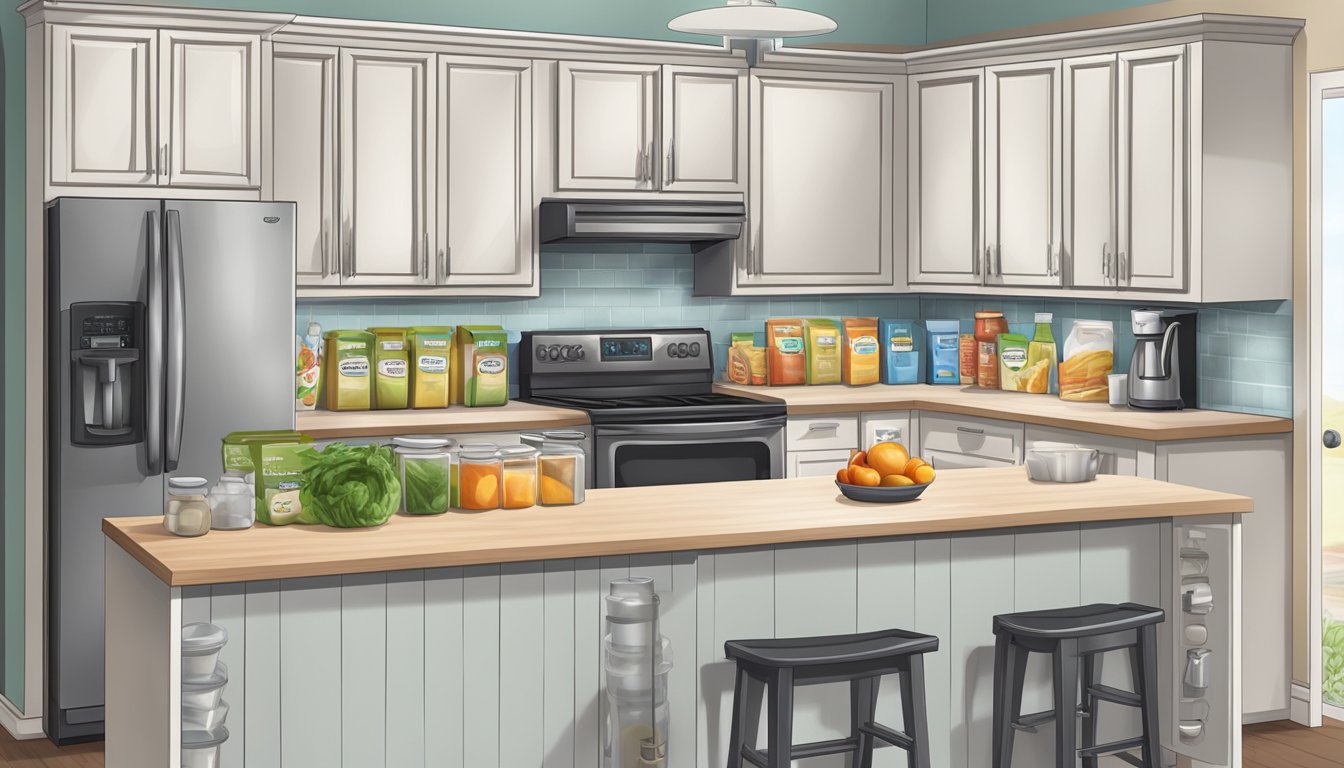 A kitchen counter with a grocery list and low sodium foods organized in cabinets and refrigerator