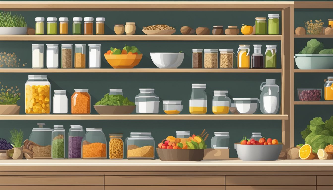 A well-organized kitchen with colorful fruits, vegetables, nuts, and whole grains neatly arranged in baskets and containers. Spices and herbs are displayed on a shelf, and a variety of healthy cooking oils are lined up on the counter