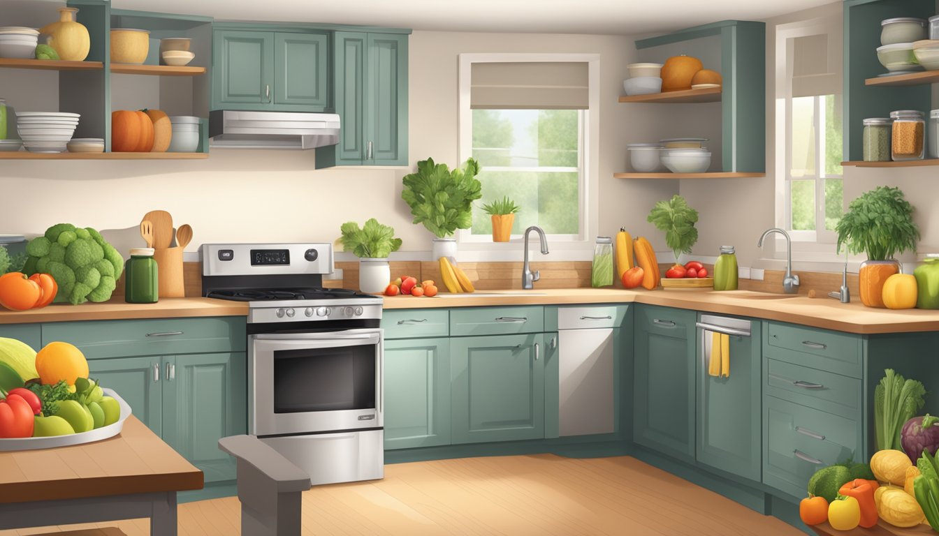 A well-organized kitchen with fresh fruits and vegetables, whole grains, and low-sodium seasonings neatly arranged in cabinets and on countertops