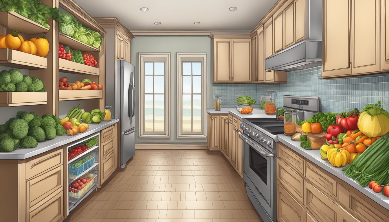 A well-organized kitchen with colorful fruits and vegetables, whole grains, lean proteins, and healthy fats neatly arranged in designated areas for easy access