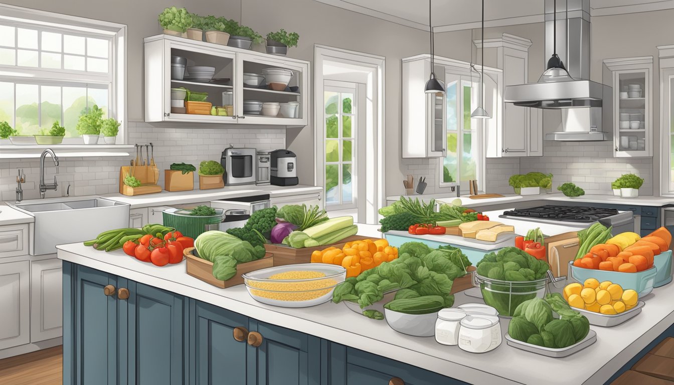 A clean, organized kitchen with labeled containers of fresh produce, lean proteins, and low-sodium seasonings. A meal prep area with cutting boards, knives, and a variety of cooking utensils