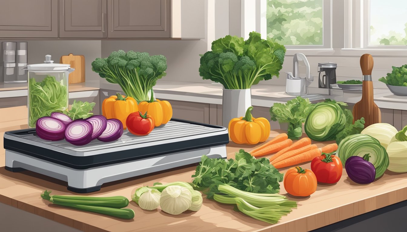 A well-organized kitchen counter with a spiralizer, cutting board, and various vegetables ready for a dinner party