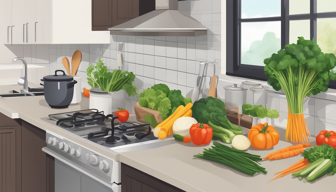 A kitchen counter with neatly arranged cooking utensils and a spiralizer next to fresh vegetables and ingredients for a dinner party