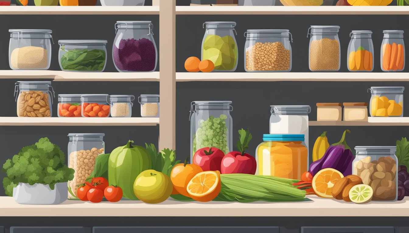 A colorful array of fresh fruits, vegetables, nuts, and seeds neatly arranged in a well-organized kitchen pantry, showcasing the variety of foods that offer anti-inflammatory benefits