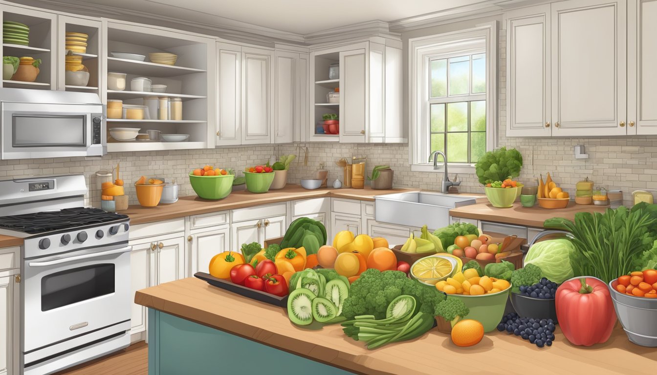 A well-organized kitchen with fresh fruits, vegetables, whole grains, and lean proteins neatly arranged in a colorful and inviting manner