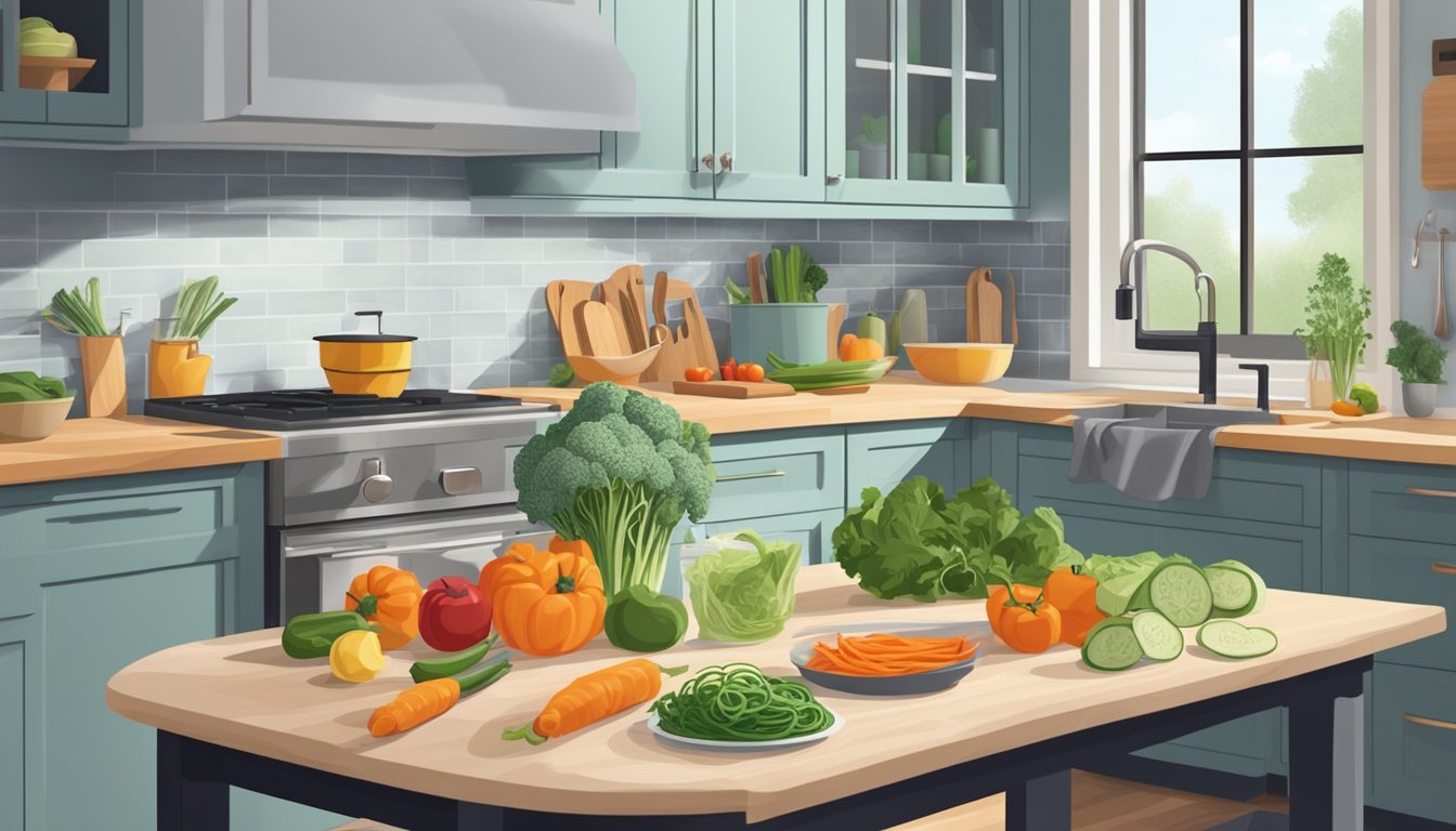 A clean, organized kitchen with a spiralizer on the counter, fresh vegetables neatly arranged, and a table set for a dinner party in the background