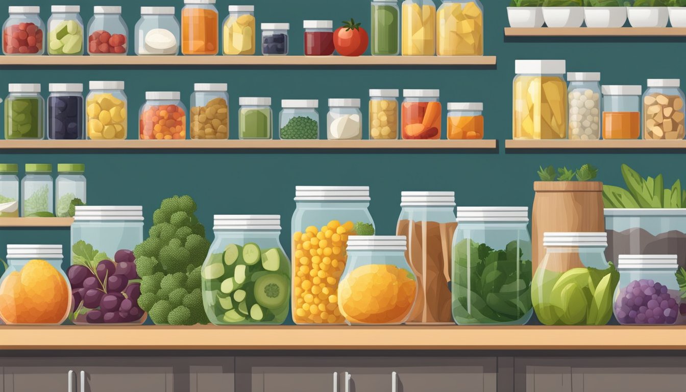 A well-organized kitchen with neatly labeled jars of supplements and additional nutrients for an anti-inflammatory diet. A variety of colorful fruits and vegetables are displayed on the counter