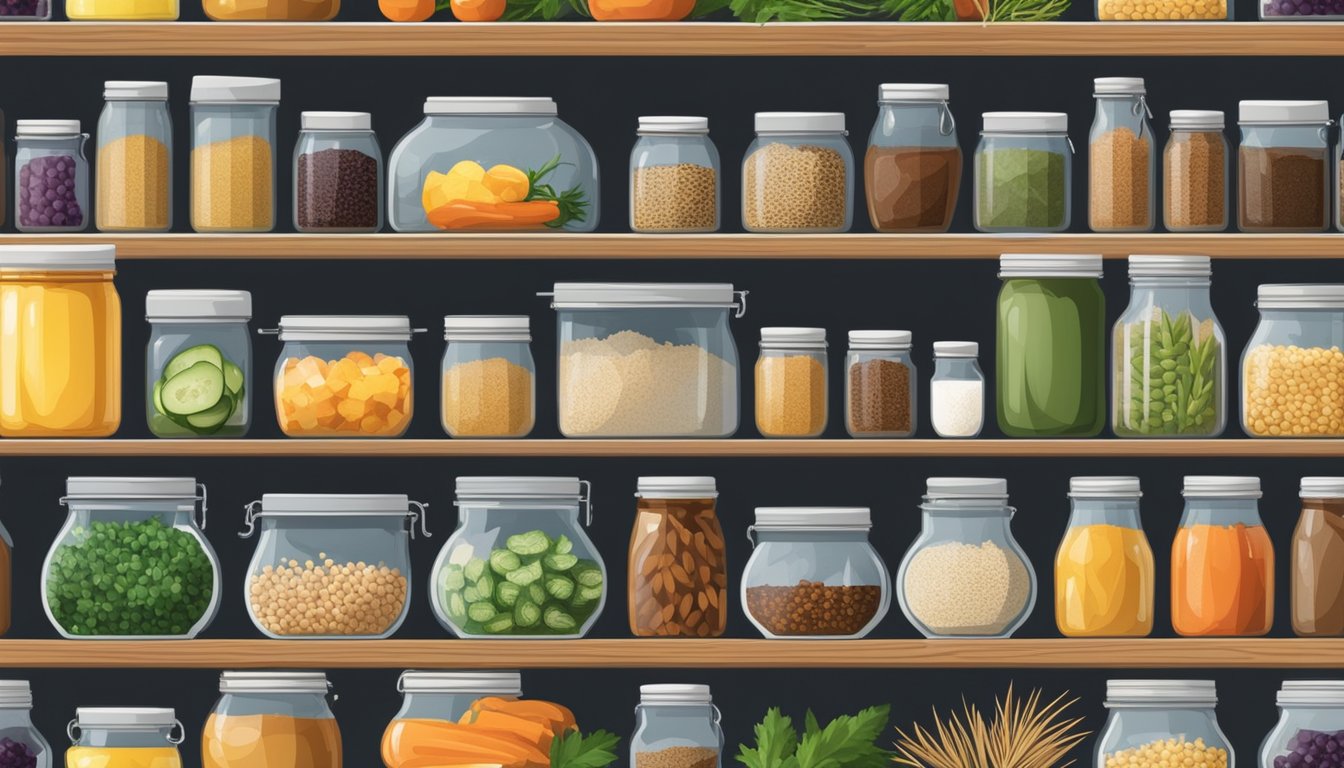 A kitchen with organized shelves of fresh produce, whole grains, and natural sweeteners. A variety of herbs and spices neatly arranged in jars