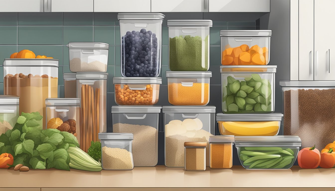 A well-organized kitchen with colorful fruits, vegetables, and whole grains neatly stored in clear containers. Spices and herbs are easily accessible, and cooking utensils are neatly arranged