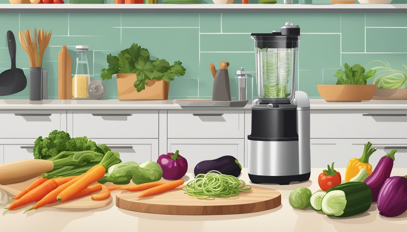 A well-organized kitchen counter with a spiralizer, cutting board, and various fresh vegetables ready for a dinner party