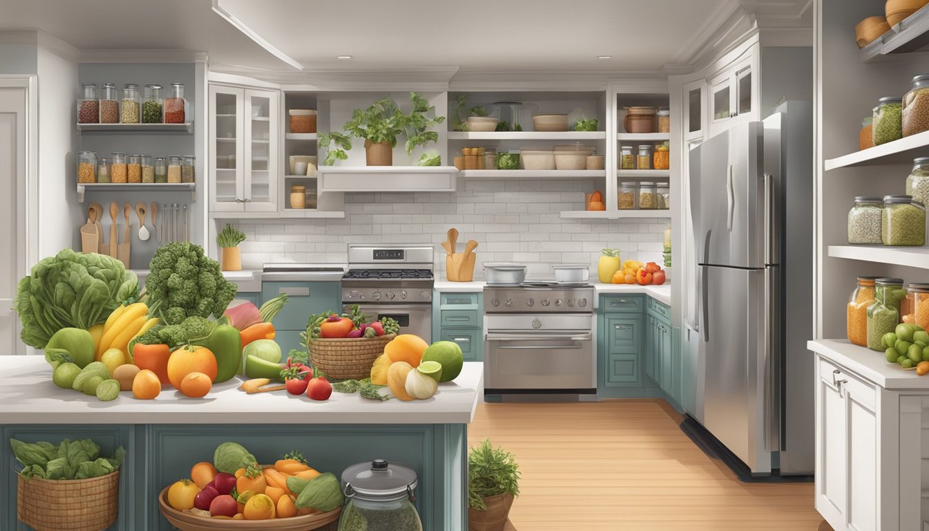 A well-organized kitchen with colorful fruits, vegetables, and whole grains neatly arranged in the pantry and refrigerator. A variety of herbs and spices are displayed on a countertop