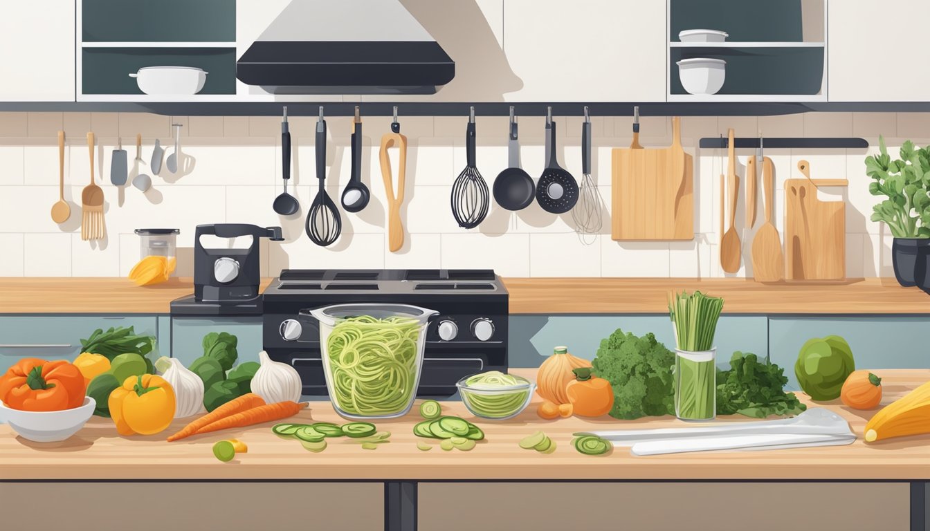 A clean, organized kitchen with a spiralizer on the counter, surrounded by neatly arranged ingredients and cooking utensils