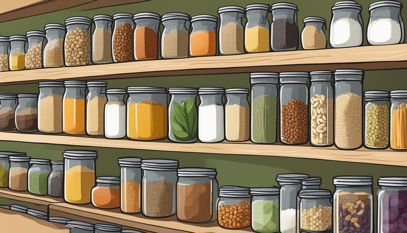 A well-organized kitchen with labeled bins of fresh produce, whole grains, and lean proteins. A colorful array of spices and herbs neatly arranged on a spice rack. Glass containers filled with nuts, seeds, and dried fruits lining the pantry shelves